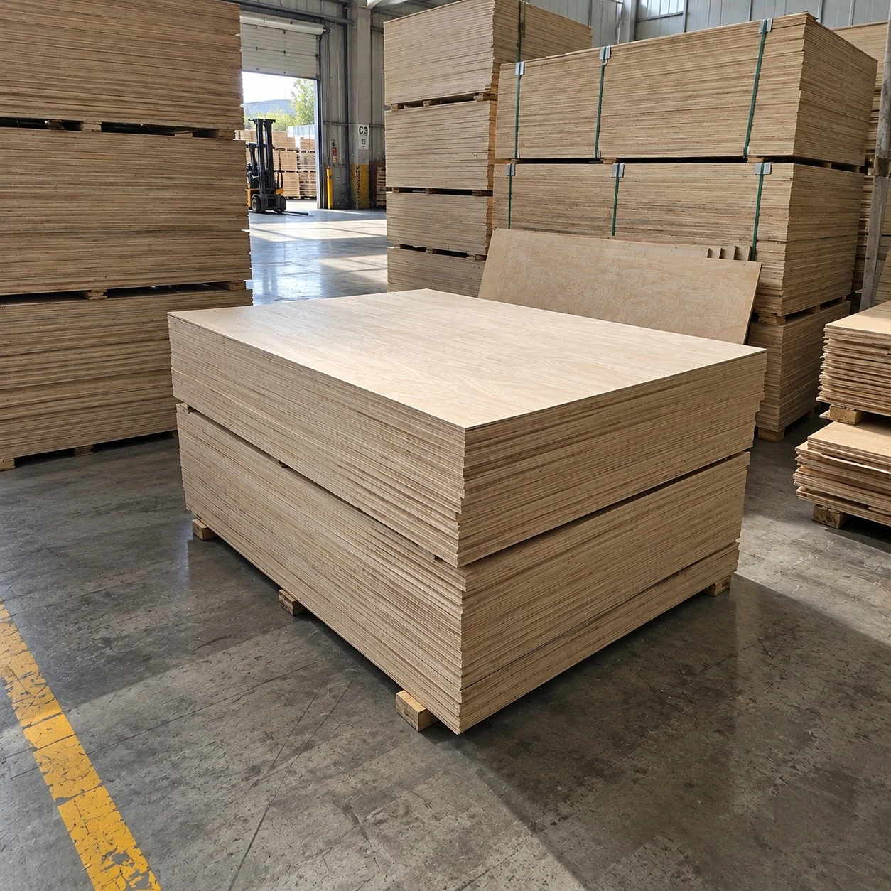 Timber building and fit-out panels stacked in a warehouse