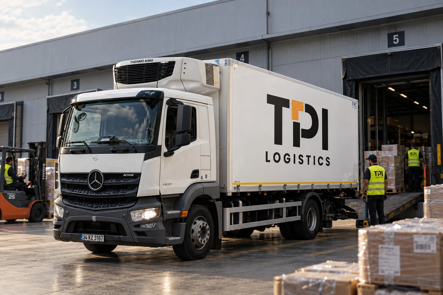 Refrigerated delivery truck at a warehouse loading bay
