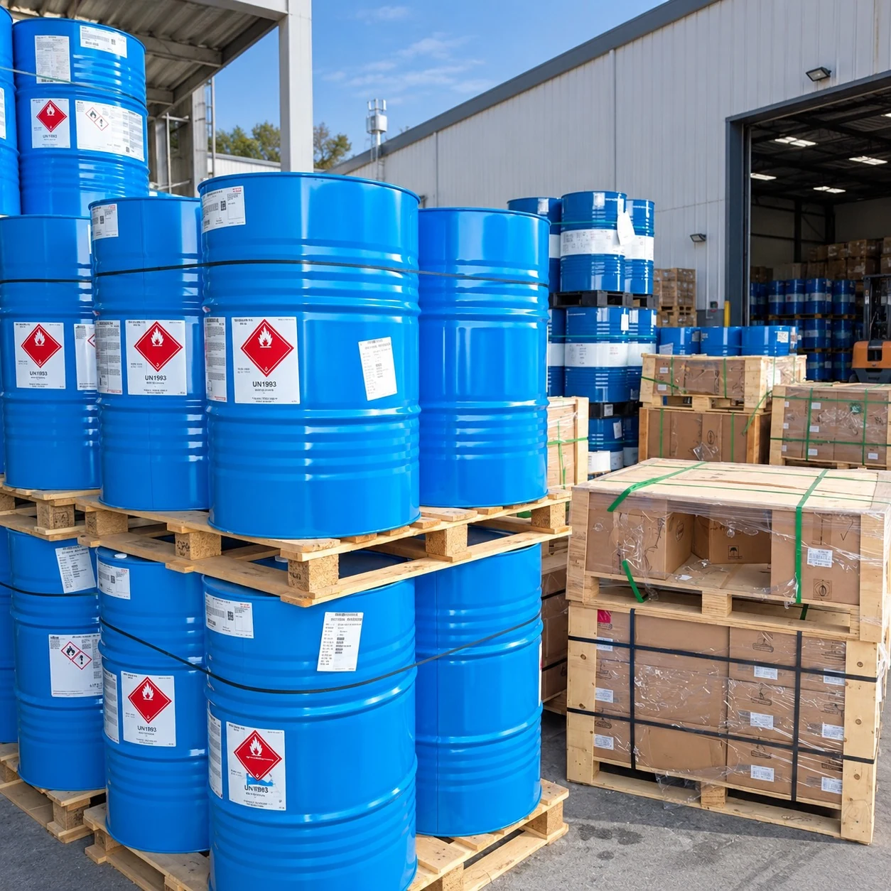 Blue drums with hazard labels and wooden crates prepared for shipment