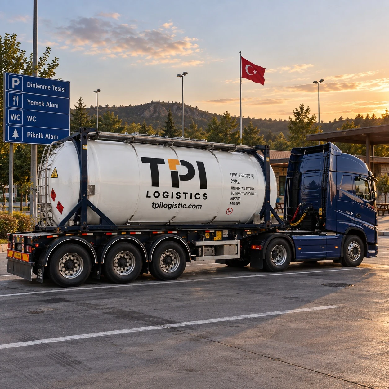 Truck carrying a tank container for liquid cargo
