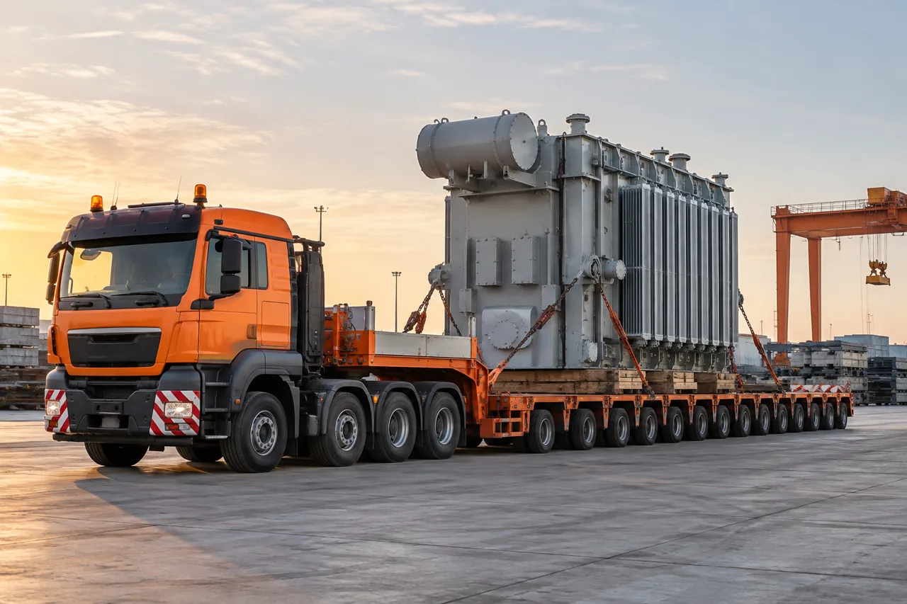 Large industrial equipment on a low-loader trailer — illustrative image