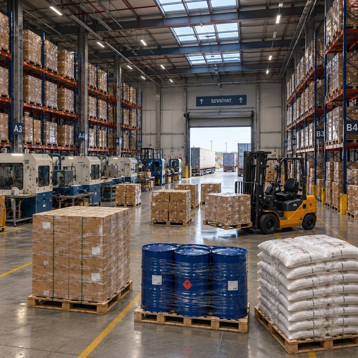 Palletised cartons, drums and bags in a shipping warehouse