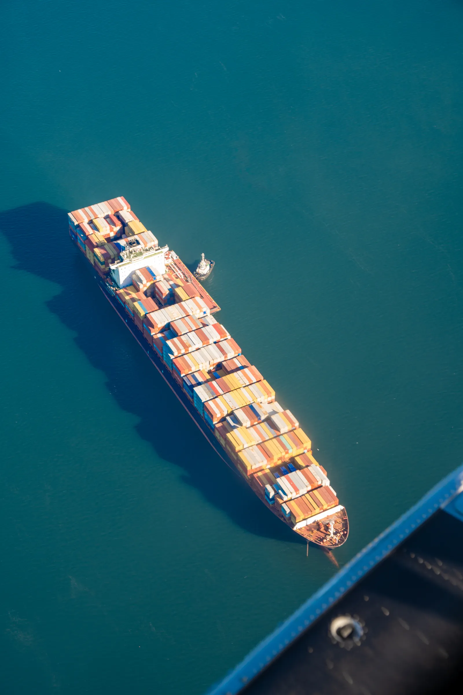 Illustrative stock photo: Aerial view of a container ship at sea