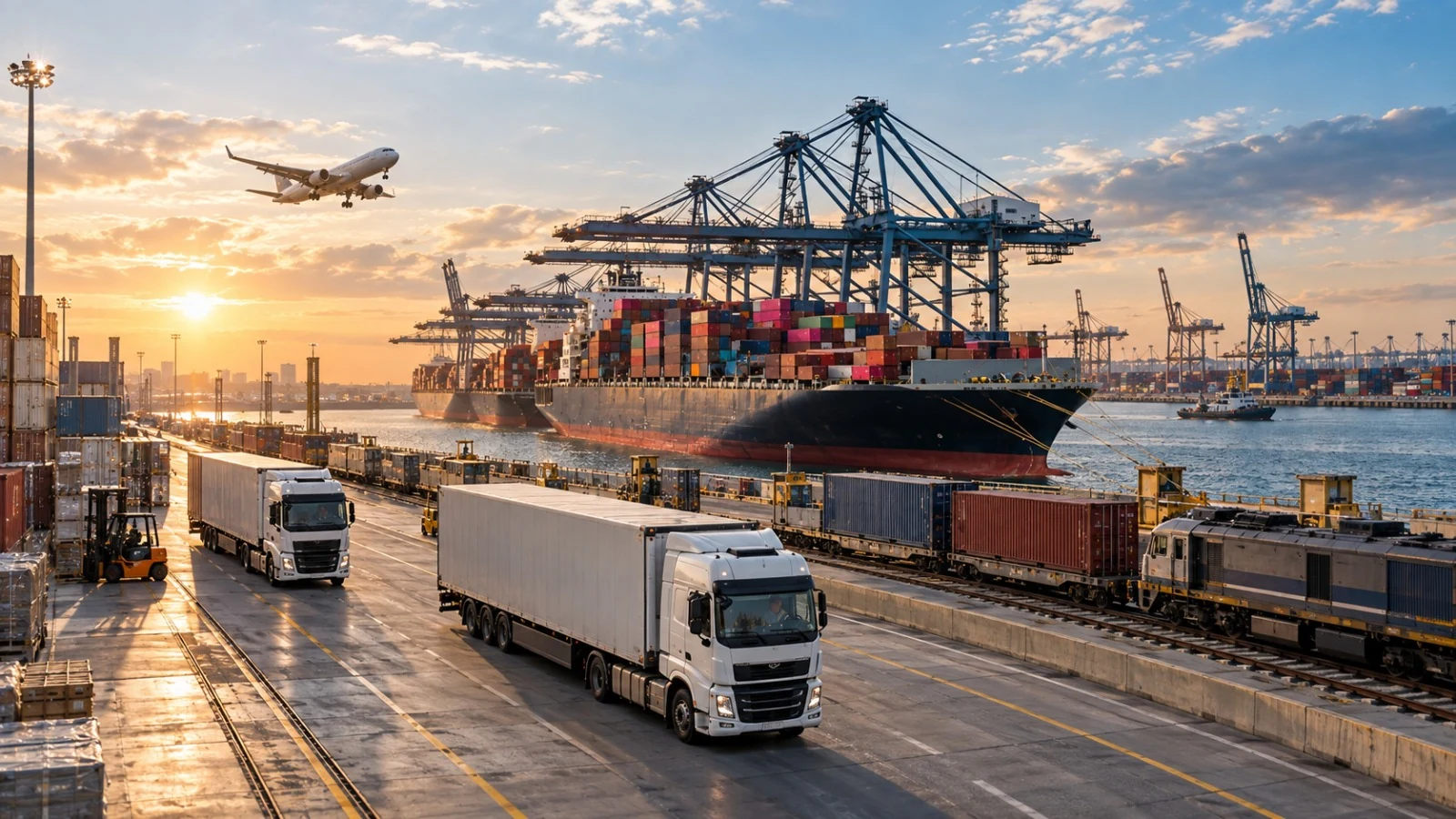 Ship, trucks, freight train and aircraft at a container port — illustrative image